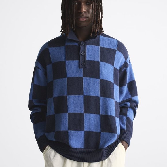 Zara Men's Check Knit Polo Sweater